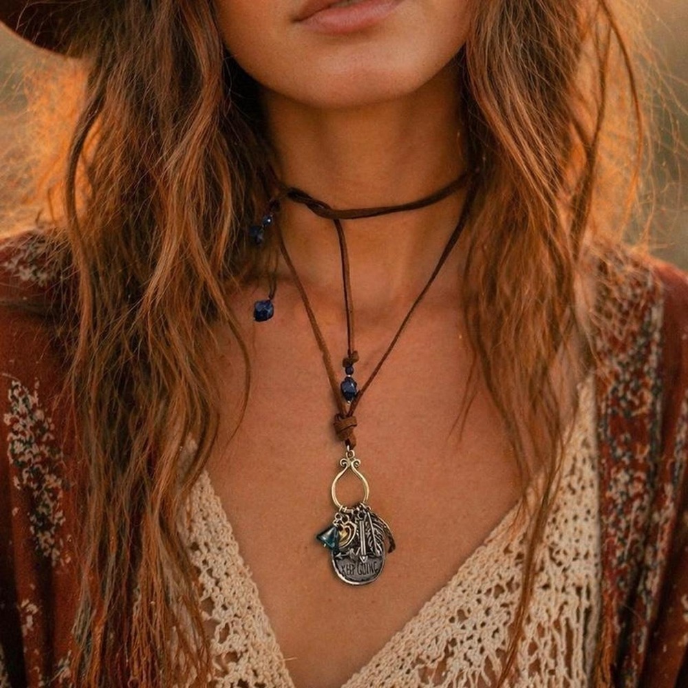 Handmade Boho Leather Wrap Necklace Be Brave Keep Going Charm Feather Arrow